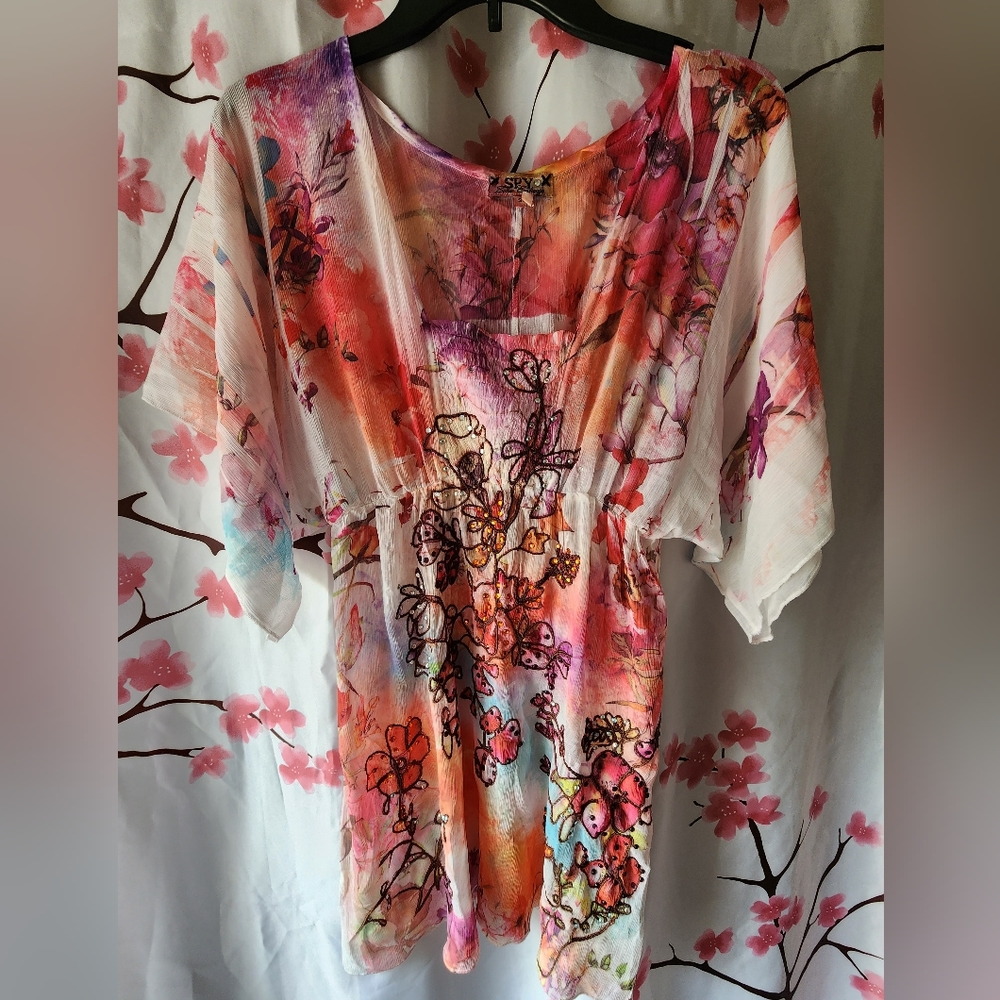 NWOT Spy Zone Exchange Floral Rhinestone Tie Dye Swim Cover Up Tunic Size S